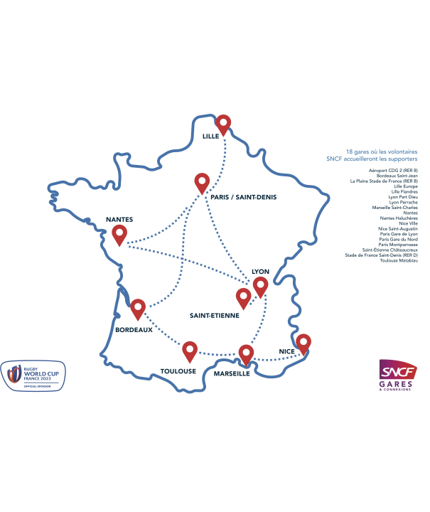 Carte de France avec les villes hôtes : Lille Paris, Saint Denis/Paris, Lyon, Saint-Étienne, Nice, Marseille, Toulouse, Bordeaux, Nantes.