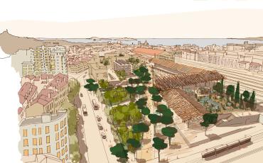 Dessin représentant la vue d'artiste vue du ciel du Projet Halles St Charles