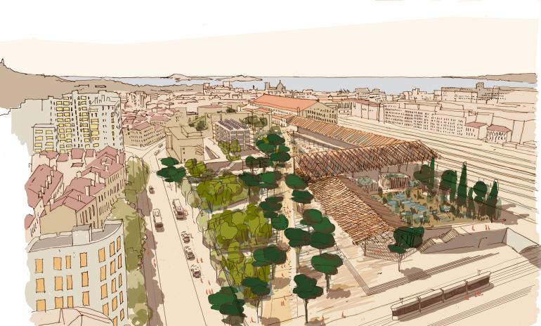 Dessin représentant la vue d&#039;artiste vue du ciel du Projet Halles St Charles