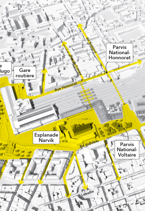 Vue du plan 3 D du Projet Halles St Charles avec la gare routière, le parvis National-Honnorat, l&#039;esplanade Narvik et le parvis National-Voltaire